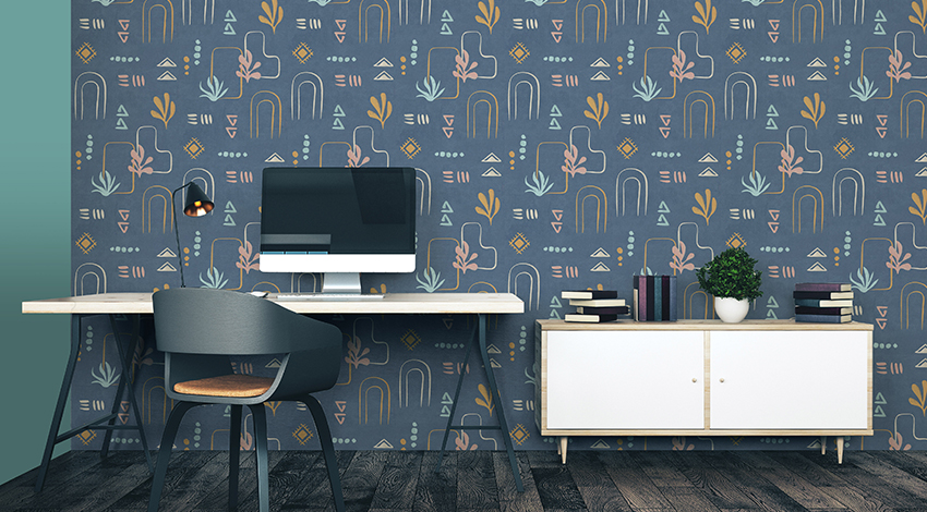 Eclectic-Home-Office-with-Navy-Blue-Statement-Wallpaper