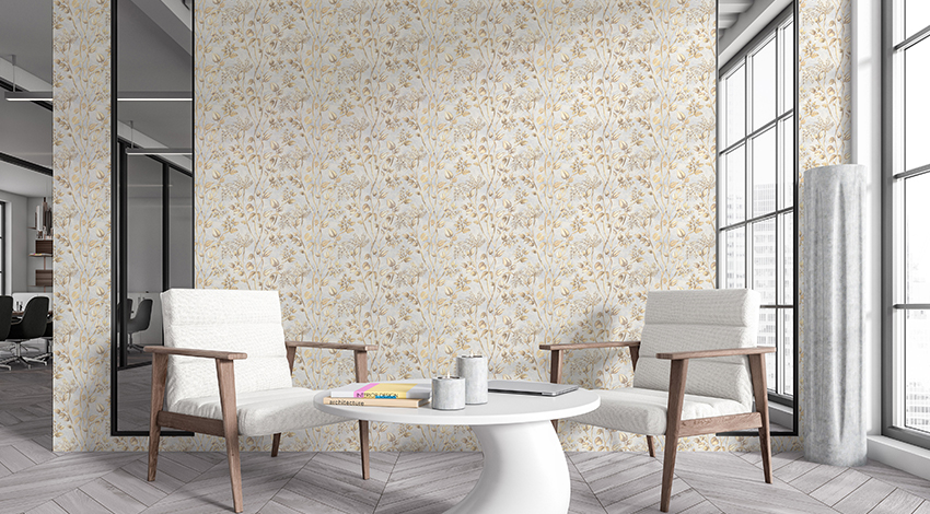 Stylish-Drawing-Room-with-Floral-patterned-Wallpaper