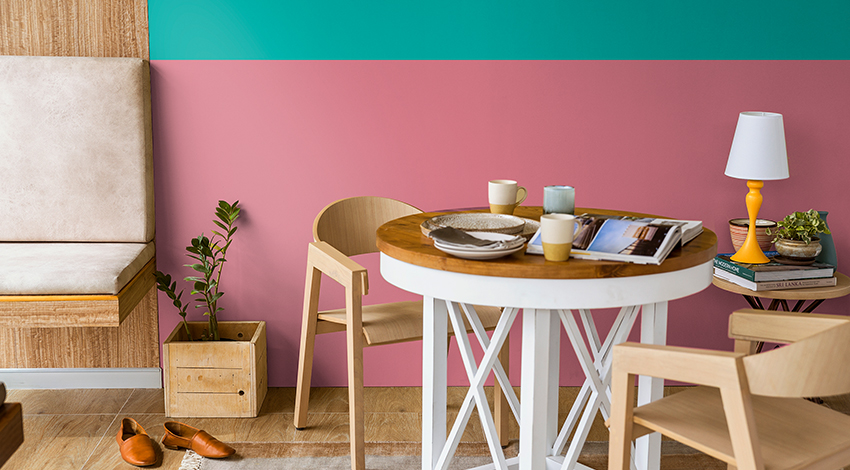 pink and lime pastel color dining room design
