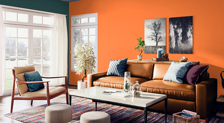 Simple Orange Colour Combination Living Room