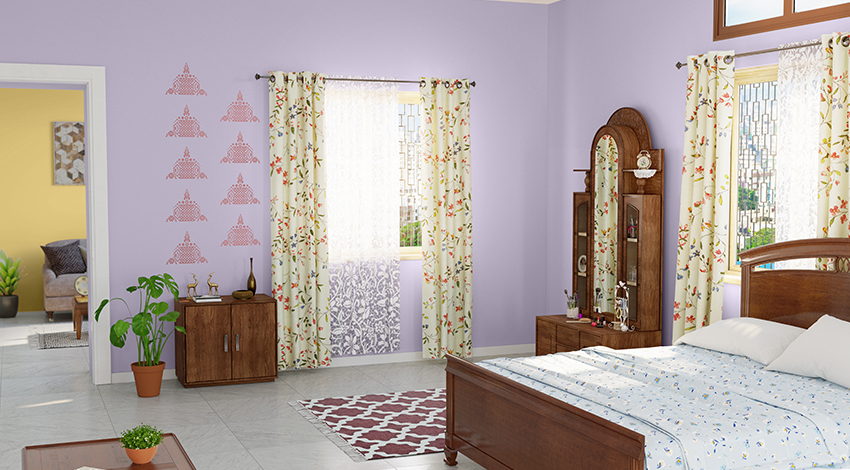 Lilac-themed-Bedroom-with-Wooden-Furnishings