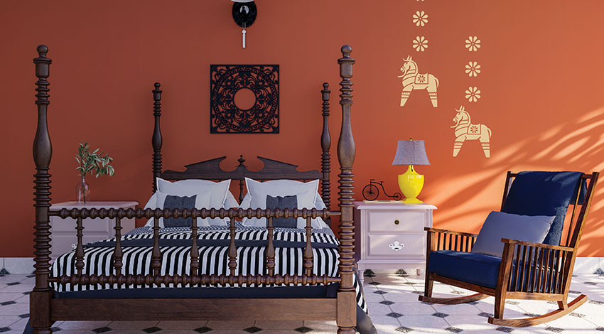 Orange-Bedroom-with-Stencil-Art