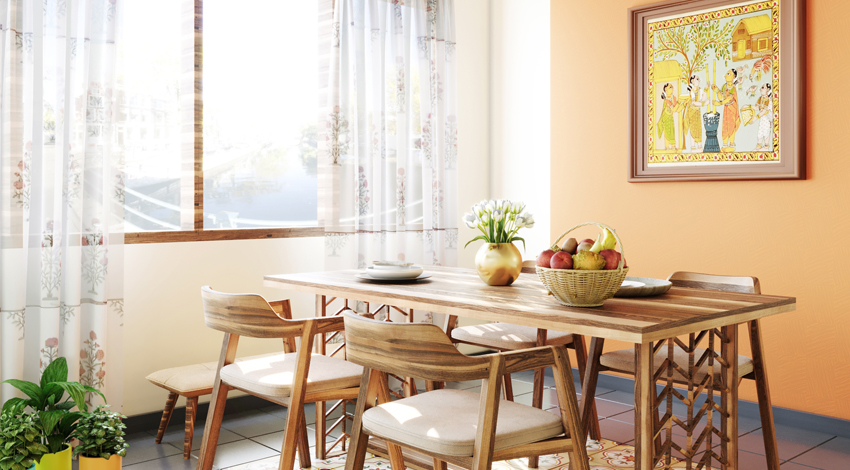 Orange-Dining-Room-Design-with-Open-Window-Treatment