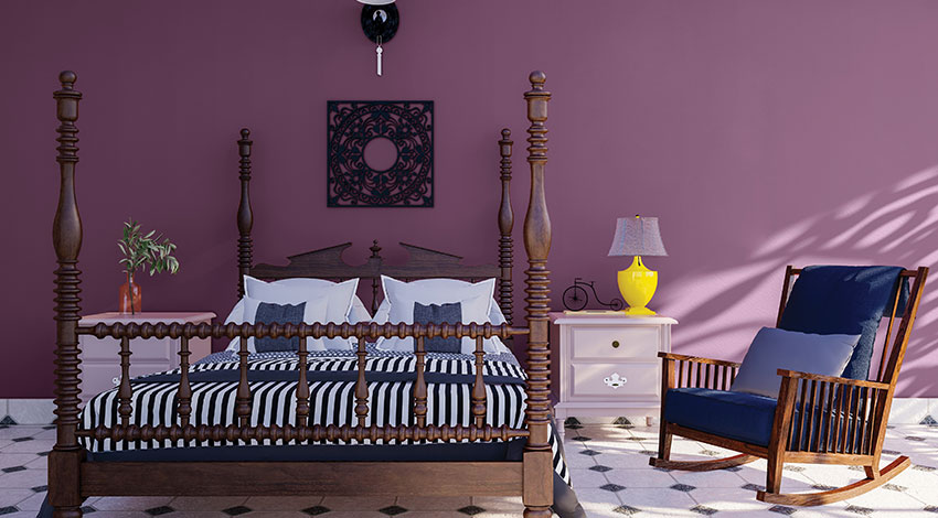 Rustic-Bedroom-with-Deep-Purple-Wall