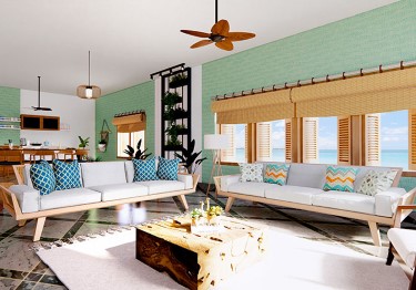 Tropical-Living-Room-with-Caribbean-Green-Textured-Wall-m