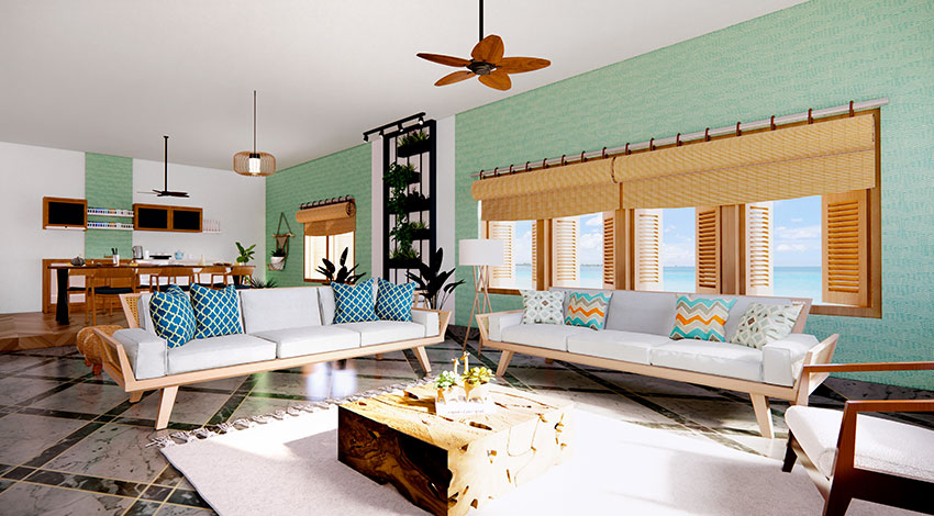 Tropical-Living-Room-with-Caribbean-Green-Textured-Wall