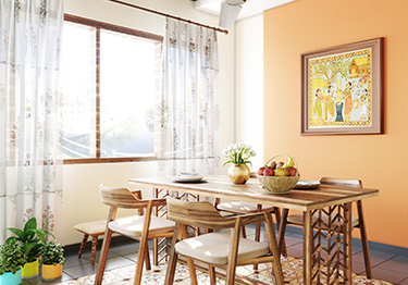 Yellow Dining Room with an Open Window Treatment