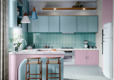 Blue and Pink Kitchen with Two-tone Cabinets