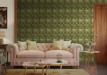 Vintage living room with ornate wallpaper