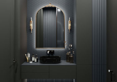 Black Sink with Arched Mirror