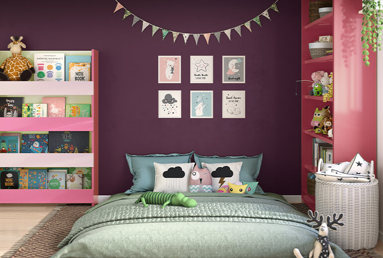 Kids room bold violet wall colour with pink interiors - Asian Paints