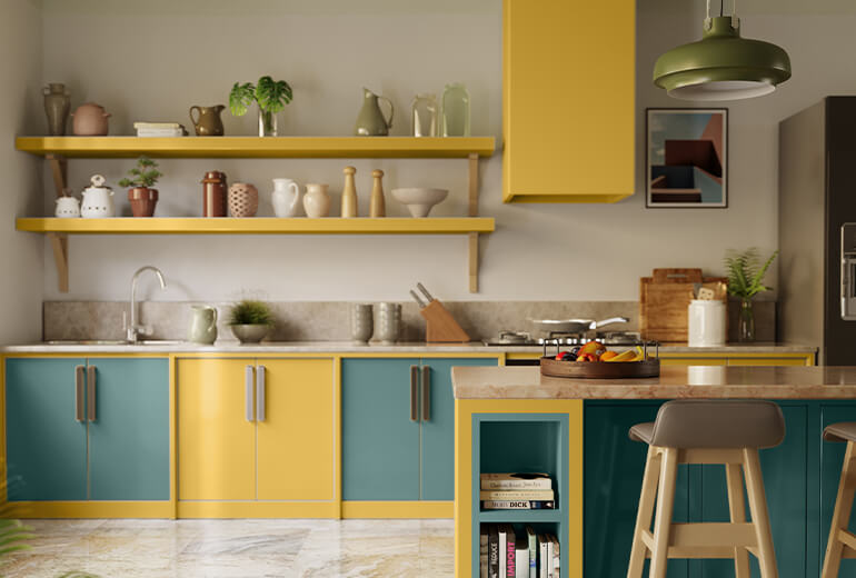 Kitchen design with blue & yellow colour palette - Asian Paints