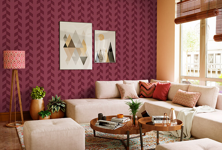 Modern living room with patterned wallpaper - Asian Paints