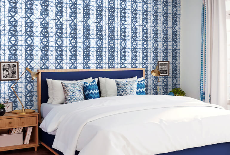 Master bedroom design with blue patterned wallpaper - Asian Paints