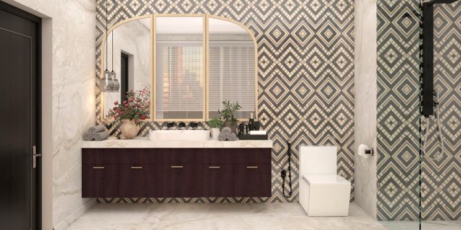 A white and grey themed bathroom with wooden vanity unit with a grey marble countertop and white ceramic washbasin. Beautiful Homes Services for bathrooms.