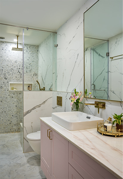 Vanity clad in a rosato marble & hex marble tiles in the shower for master bathroom - Beautiful Homes