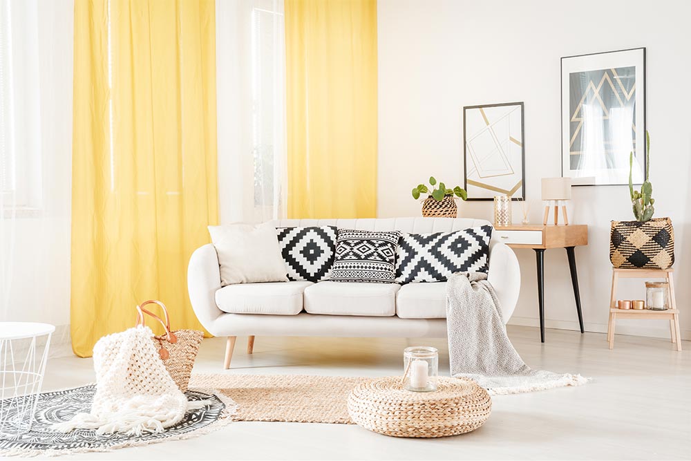 Floor to ceiling yellow curtains for living room design - Beautiful Homes