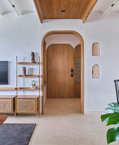 Wooden hall arch design with concrete floor - Beautiful Homes