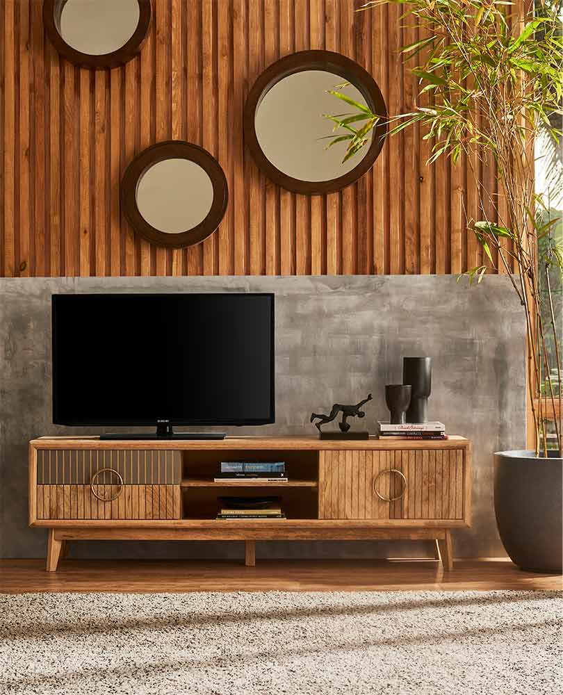 Wood accent wall designs with TV console - Beautiful Homes