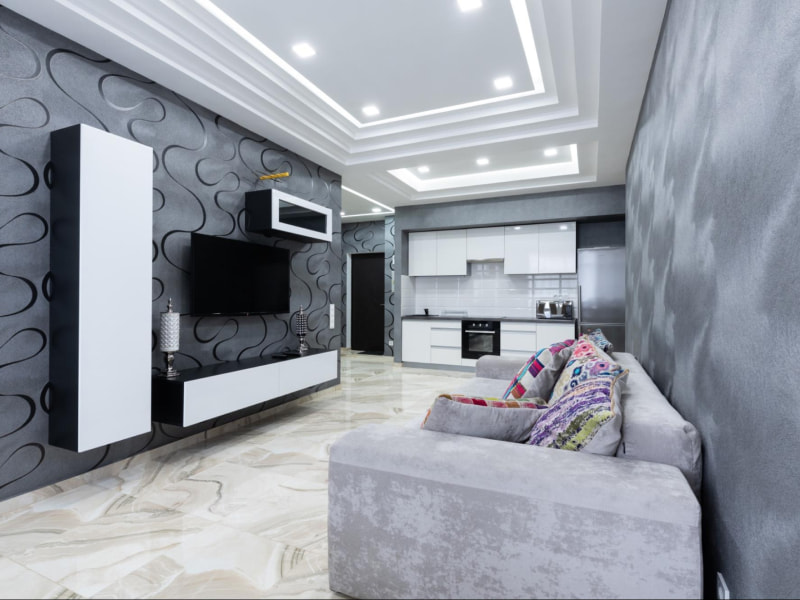 Patterned grey accent wall for the living room design - Beautiful Homes