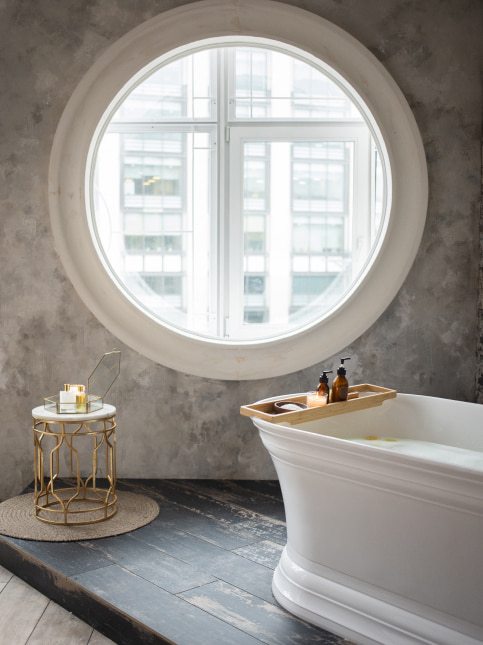 Circle bay window design in this luxury bathroom interior design - Beautiful Homes