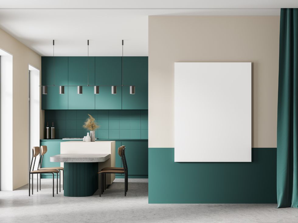 L-shaped dark green kitchen design with dark green kitchen cabinets - Beautiful Homes