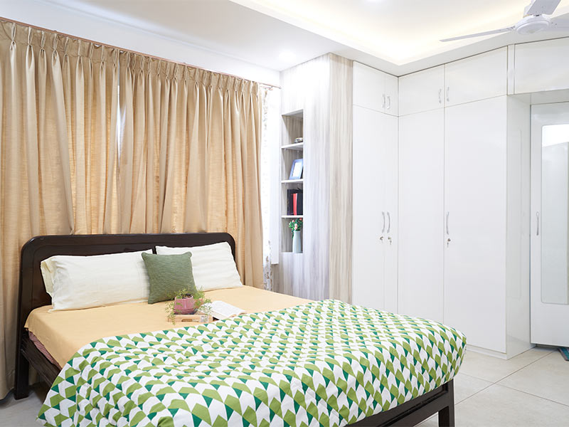 Master bedroom design with light & neutral colours for walls & furnishings - Beautiful Homes