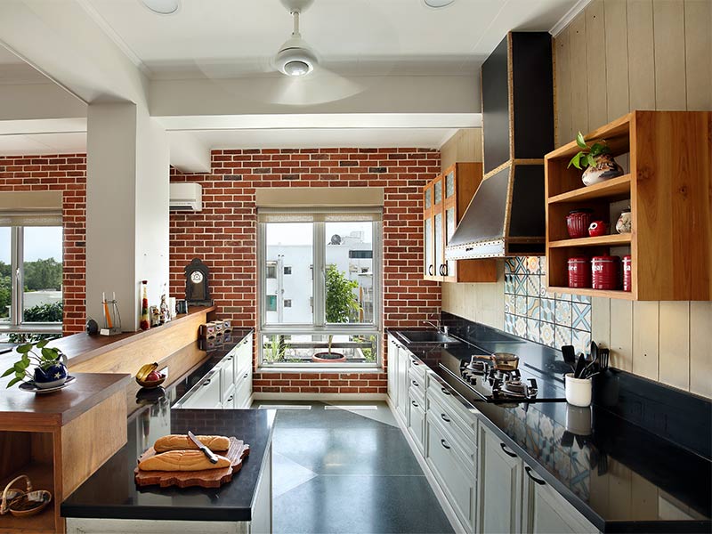 Kitchen shelves design with abstract backsplash & brick wall design - Beautiful Homes