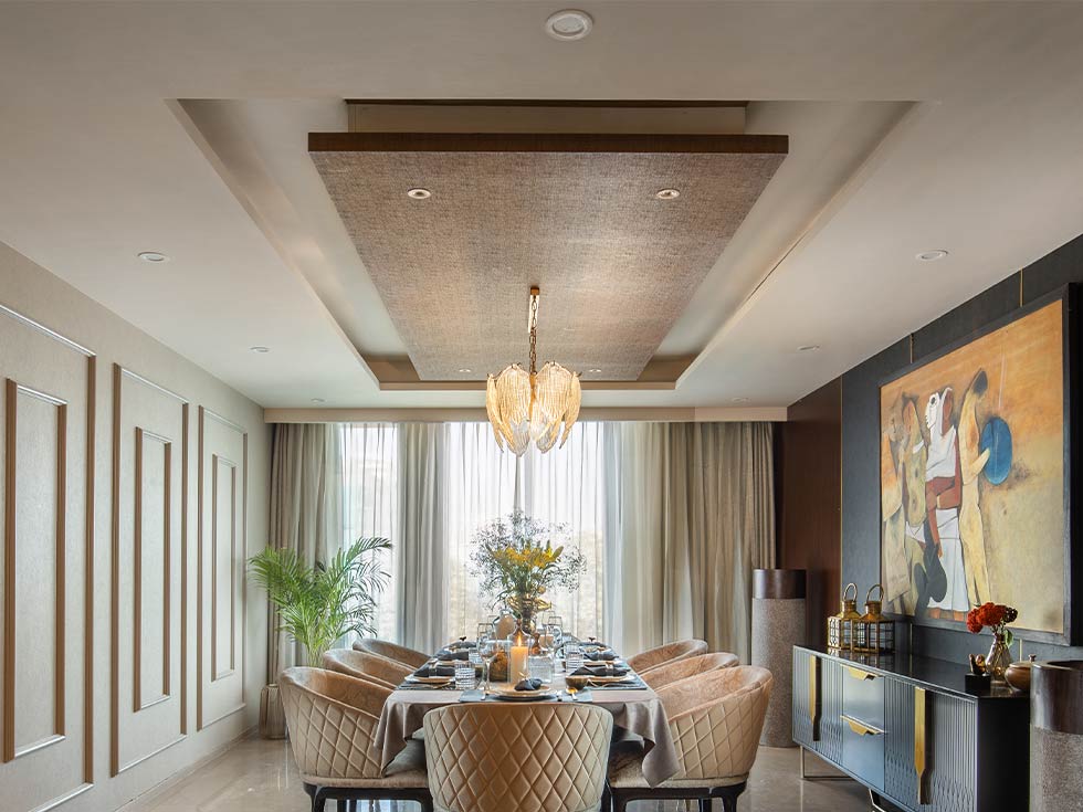 Textured pvc false ceiling design in a chic dining room - Beautiful Homes