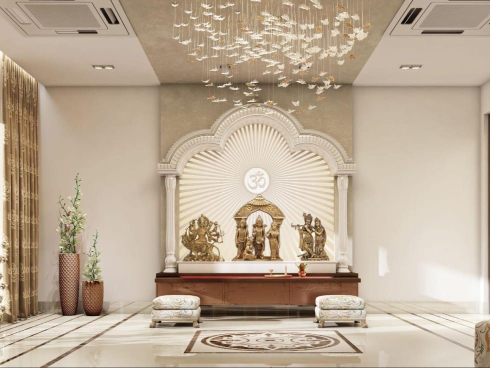 Mandir design storage idea with countertop storage solution - Beautiful Homes