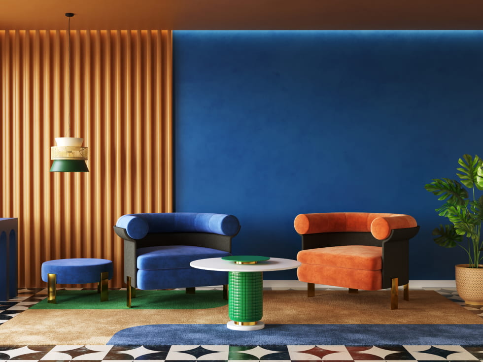 Bright blue & orange livinig room colour for walls & interiors - Beautiful Homes