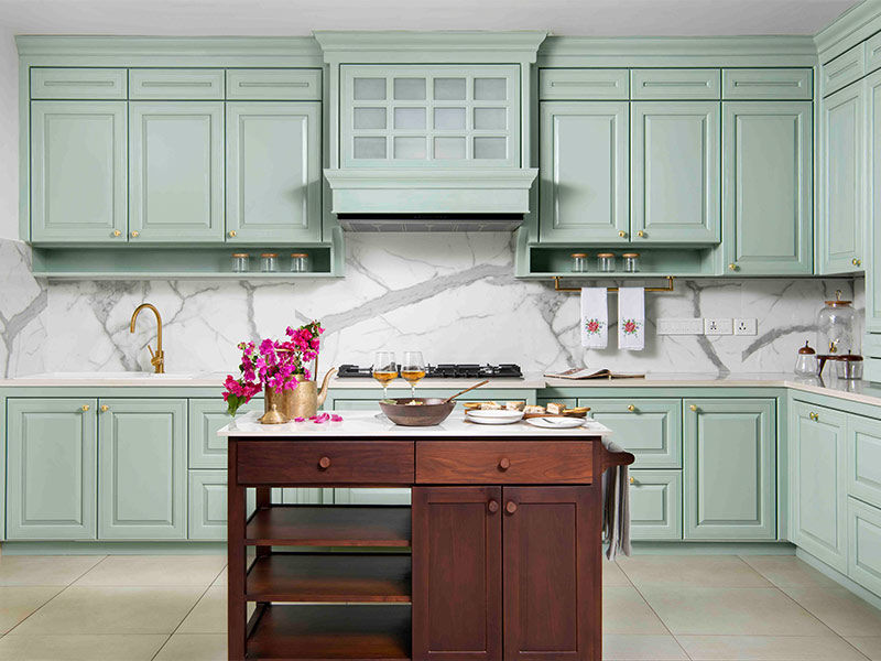 Mint green laquered kitchen design for home - Beautiful Homes