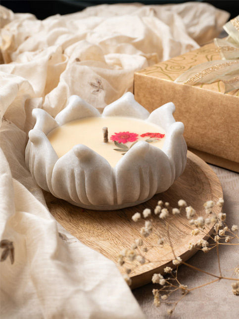 Lotus shaped marble urli candle by Baro Market - Beautiful Homes