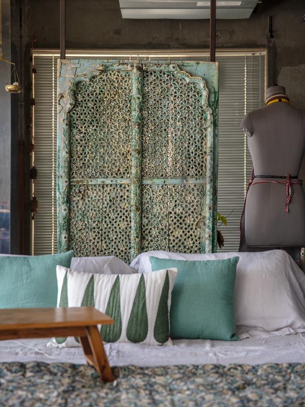 Colourful bed upholstery with green bed back design – Beautiful Homes