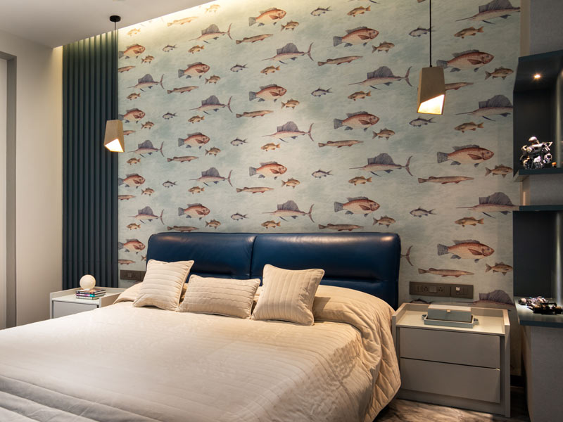 Kids bedroom design with hanging lights & fish wallpaper - Beautiful Homes