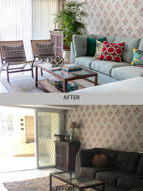 Light blue sofa with printed wallpaper – Beautiful Homes