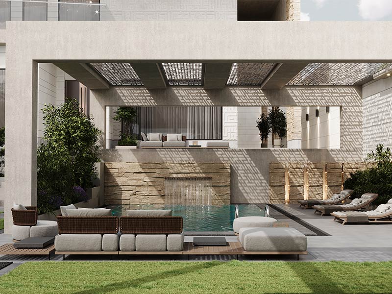 Light Brown Wall Fountain Design by The Pool - Beautiful Homes