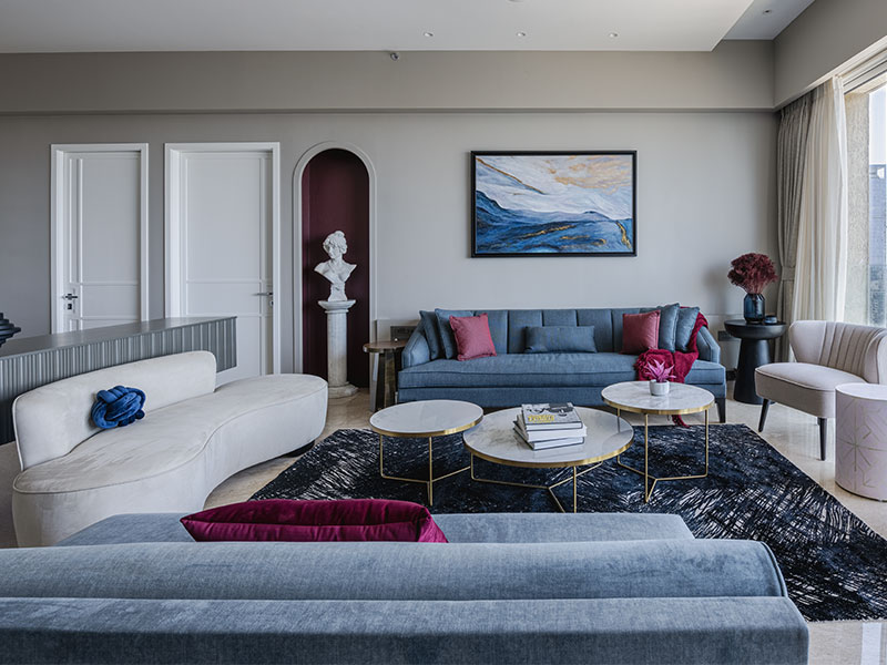 Beautiful Blue and White Sofa Set with Pink Pillow for Pop of Colour - Beautiful Homes