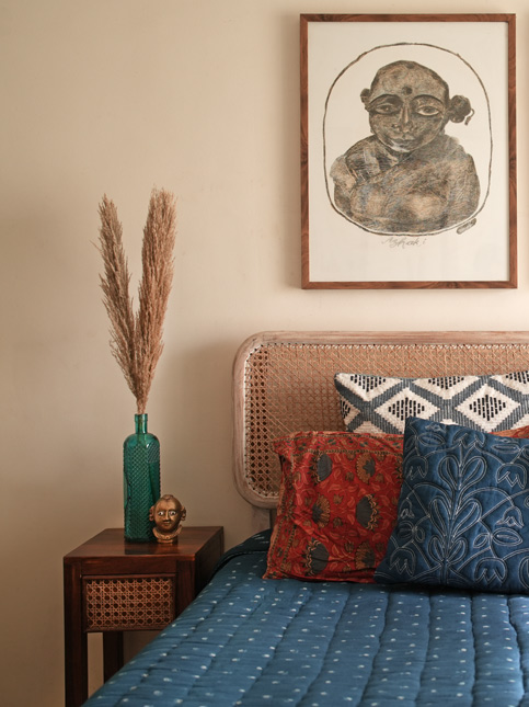 Bedroom With Pampas Grass Décor on Side Table - Beautiful Homes