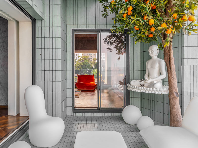 Pastel Sea Green Tiles in Meditation Space - Beautiful Homes