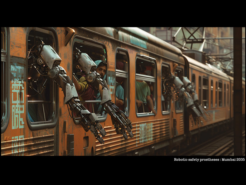 Futuristic robotic safety prostheses on a Mumbai train in 2035, enhancing passenger security – Beautiful Homes