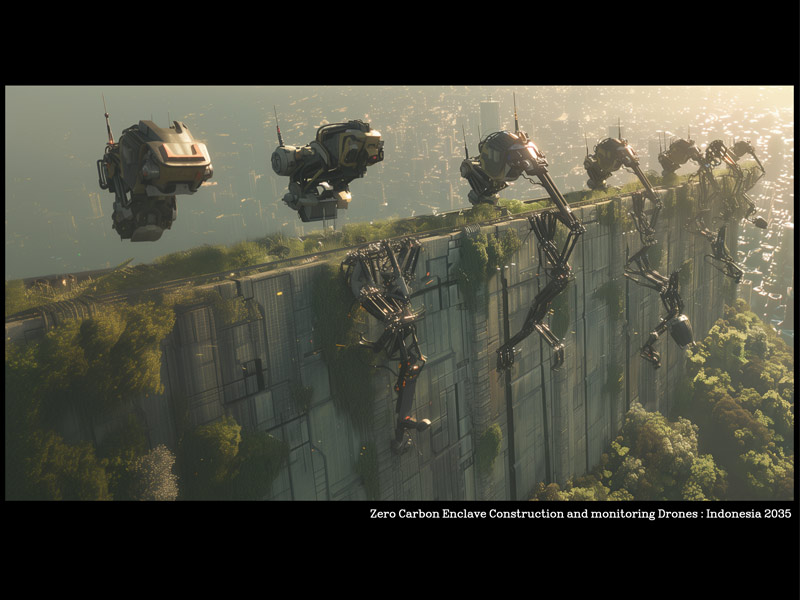 Futuristic drones building a zero-carbon enclave in Indonesia, showcasing tech and sustainability in 2035 – Beautiful Homes