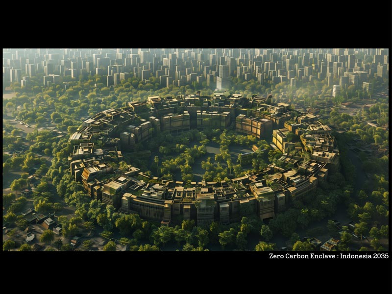 Futuristic drones building a zero-carbon enclave in Indonesia, showcasing tech and sustainability in 2035 – Beautiful Homes