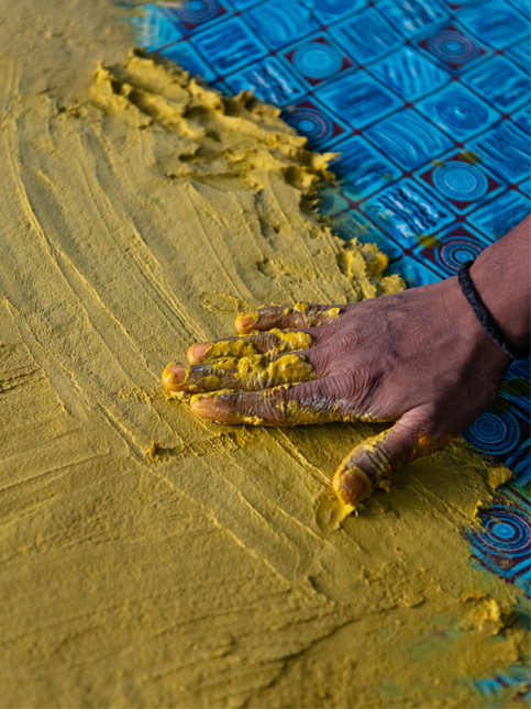 Application of Wood Filler on Blue Patterned Table - Beautiful Homes