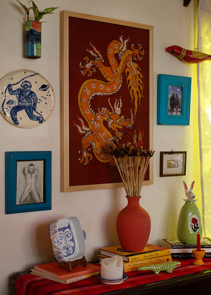 Beautiful Yellow and Orange Dragon Painting with Red Background - Beautiful Homes