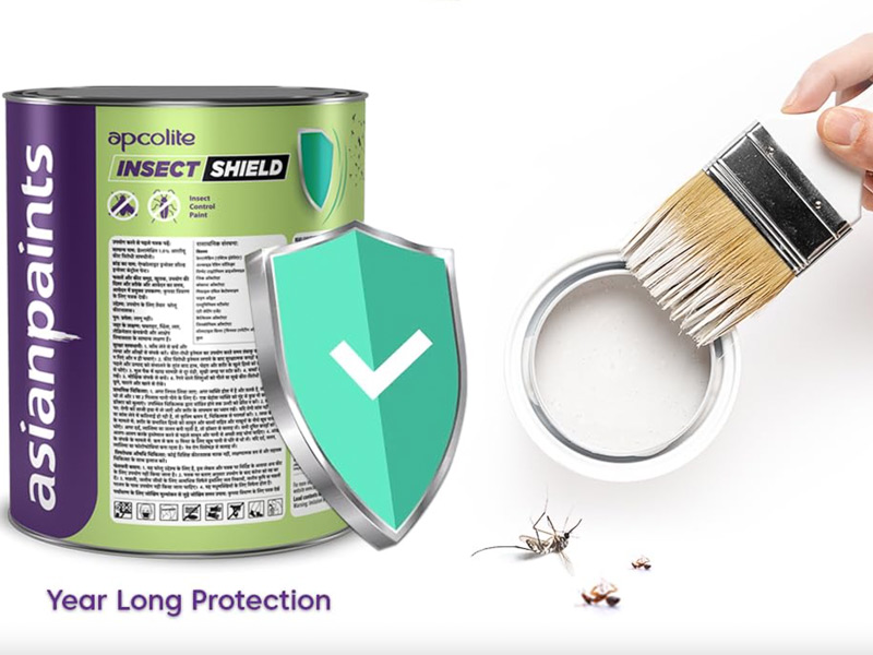 Asian Paints Apcolite Insect Shield shown alongside a brush with a shield icon – Beautiful Homes