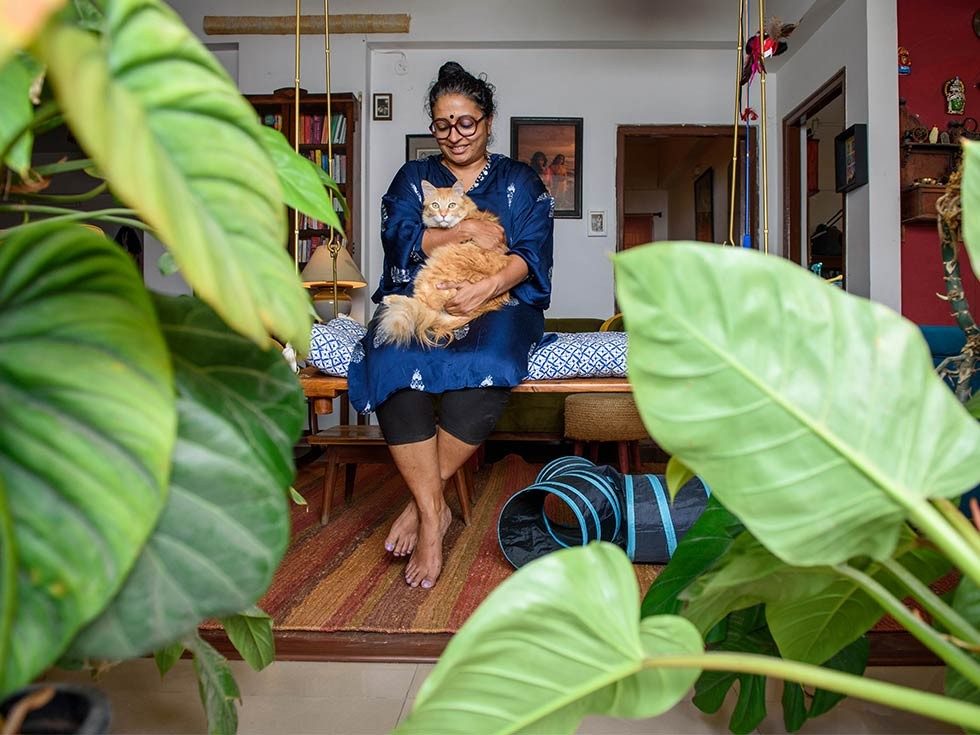 Woman Holding Ginger Cat on a Swing Surrounded by Lush Indoor Plants – Beautiful Homes