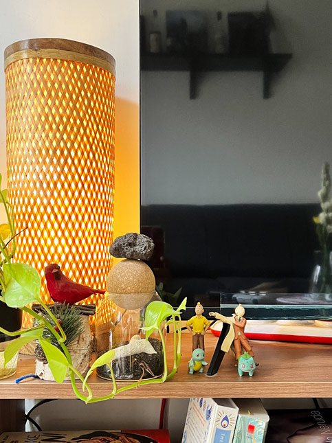 Cozy shelf with a woven lamp, green plants, miniature figurines, and books – Beautiful Homes