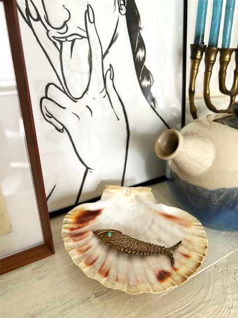 Golden Fish Keepsake in Shell with Art and Teapot Décor - Beautiful Homes