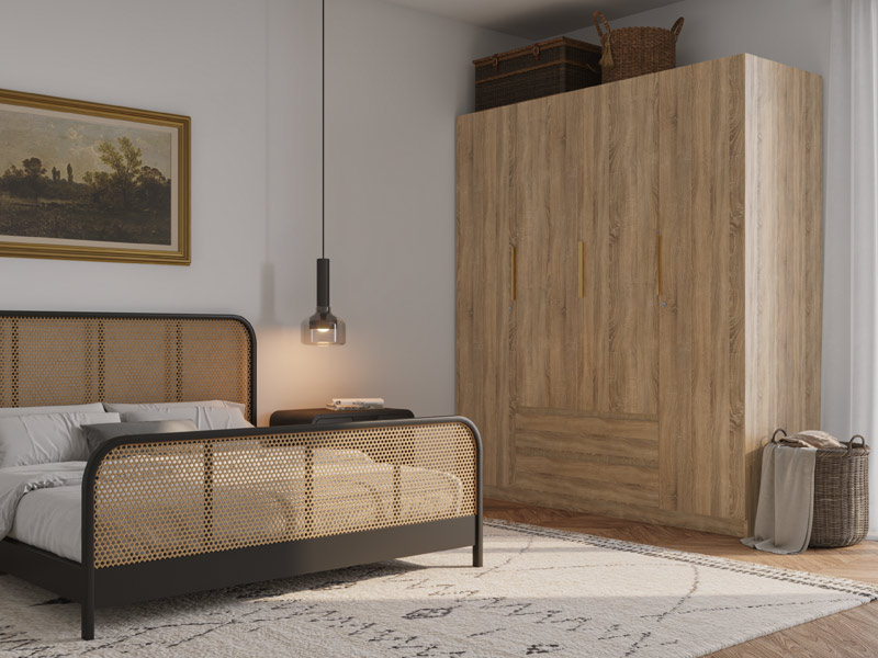 Bedroom with a wooden bed, large wooden wardrobe, cozy rug, and floor-to-ceiling window with garden view – Asian Paints